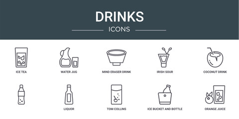 Wall Mural - set of 10 outline web drinks icons such as ice tea, water jug, mind eraser drink, irish sour, coconu
