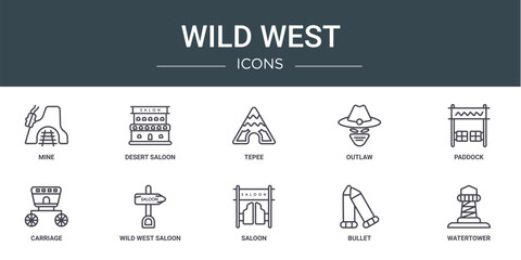 Wall Mural - set of 10 outline web wild west icons such as mine, desert saloon, tepee, outlaw, paddock, carriage, wild west saloon vector icons for report, presentation, diagram, web design, mobile app