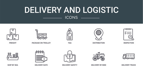 Wall Mural - set of 10 outline web delivery and logistic icons such as freight, package on trolley, tag, distribution, inspection, ship by sea, delivery date vector icons for report, presentation, diagram, web
