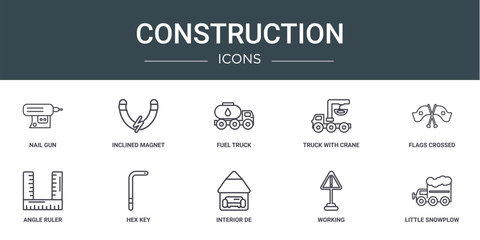 Wall Mural - set of 10 outline web construction icons such as nail gun, inclined magnet, fuel truck, truck with c