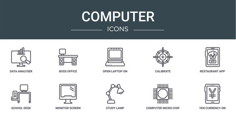 Wall Mural - set of 10 outline web computer icons such as data analyser, boss office, open laptop on, calibrate, 