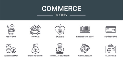 Wall Mural - set of 10 outline web commerce icons such as add to cart, buy a car, sale love, barscode with zeros,