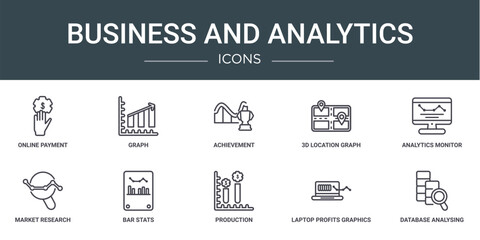 Wall Mural - set of 10 outline web business and analytics icons such as online payment, graph, achievement, 3d location graph, analytics monitor, market research, bar stats vector icons for report, presentation,