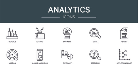 Wall Mural - set of 10 outline web analytics icons such as revenue, id card, business, data, report, mission, mob