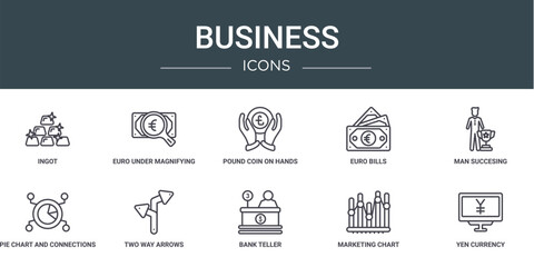 Wall Mural - set of 10 outline web business icons such as ingot, euro under magnifying glass search, pound coin on hands, euro bills, man succesing, pie chart and connections, two way arrows vector icons for