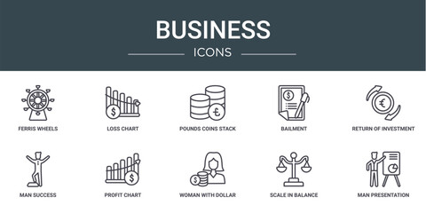 Wall Mural - set of 10 outline web business icons such as ferris wheels, loss chart, pounds coins stack, bailment, return of investment, man success, profit chart vector icons for report, presentation, diagram,