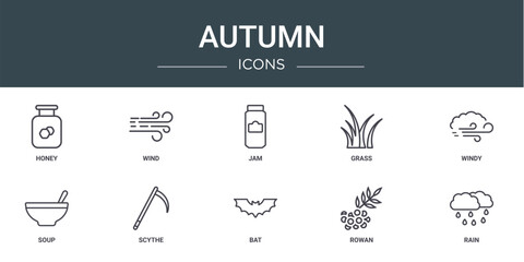 Wall Mural - set of 10 outline web autumn icons such as honey, wind, jam, grass, windy, soup, scythe vector icons for report, presentation, diagram, web design, mobile app