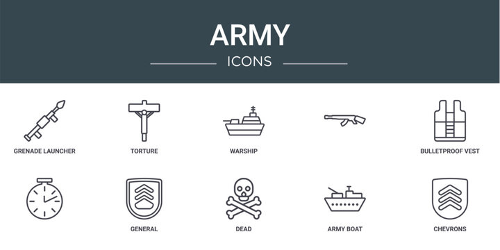 set of 10 outline web army icons such as grenade launcher, torture, warship, , bulletproof vest, general vector icons for report, presentation, diagram, web design, mobile