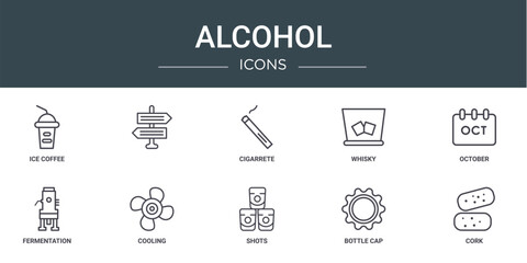 Wall Mural - set of 10 outline web alcohol icons such as ice coffee, , cigarrete, whisky, october, fermentation, 