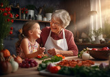 Fototapeta Tulipany - Smiling grandmother and her cute granddaughter
