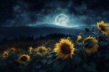 Artistic Painting Of Night Sky With Sunflowers. Generative AI