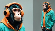 A Monkey Wearing Headphones And A Blue Jacket With An Orange Hoodie