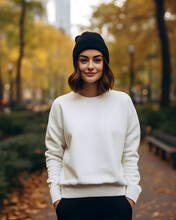 Young Woman Girl White Crewneck Sweatshirt Mockup 
