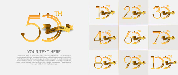 set of anniversary logotype gold color with golden ribbon for special celebration event