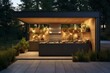 A contemporary outdoor kitchen during a pleasant summer evening, getting ready for dinner. Generative AI