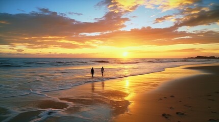 Wall Mural - A Serene Beach at Sunset with Golden Sands and Gentle Waves