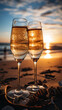 Close-up of two glasses of champagne at sunset on a summer day at the beach. New Year's Eve, celebration, honeymoon, toast concept. Generative AI.