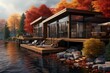 Architecturally Modern Lakeside Cabin with Sunlit Fall Foliage, Featuring a Spacious Wooden Deck, Lounge Areas, and Panoramic Nature Vistas