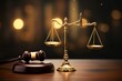 Wooden gavel and justice scales in court. Law, judiciary, jurisprudence, justice concept. Generative AI