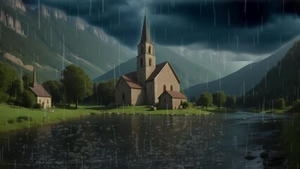 Wall Mural - church in the mountains at rain,  seamless looping 4K time-lapse virtual video animation background