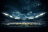 Fototapeta Sport - Lights illuminating a soccer stadium on a dark night. Generative AI