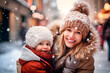 © Uliana - Portrait of a mother and child on a snowy street. Winter atmosphere of a happy family.