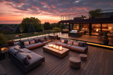 Fototapeta  - Modern living deck furnished with open gas fire in background of beautiful sunset. Relaxation concept of buildings and spaces.