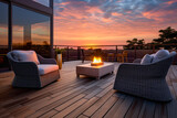 Fototapeta  - Modern living deck furnished with open gas fire in background of beautiful sunset. Relaxation concept of buildings and spaces.