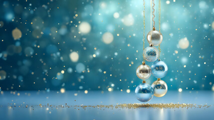 Wall Mural - Holiday Magic: Blue and Gold Christmas Baubles Backdrop, Macro Photo, Elegant Decor. Merry Christmas Wallpaper, winter, 2024 New Year concept. Copy space Merry Xmas & Happy New Year