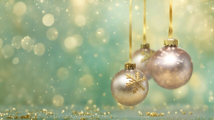 Wall Mural - Gorgeous Xmas card. Closeup of Stunning Christmas Baubles, Elegant Rose Gold and Golden flake. Holiday Wallpaper Ornaments. Happy New 2024. Luxurious New Year 24, Pastel Banner with copy space