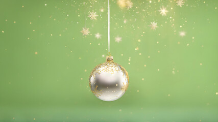 Wall Mural - Elegant Christmas wallpaper. 2024 banner. Beautiful silver bauble with golden snowflakes. Xmas ornament. Bokeh green background. Happy holidays background. copy space. Festive theme 2024