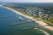 High-angle view of an ocean and harbor at the Outer Banks, North Carolina, during the end of summer. Generative AI