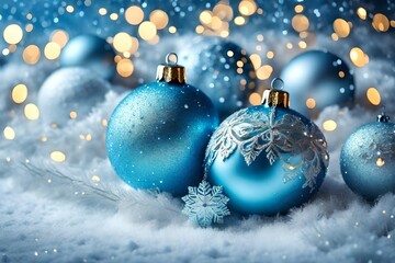 Christmas star closeup and baubles on blue blurred background