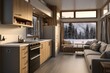 Tiny Home Cozy Rustic Ambience: Small Living Room with Elegant Wooden Features, Plush Sofas, and Stylish Pendant Lighting Over Kitchen Island, in Winter