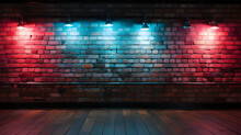 A Brick Wall With Neon Lights That Are Not A Plastered Background And Texture. Lighting Effect: Red And Blue Neon Background. AI-Generated 