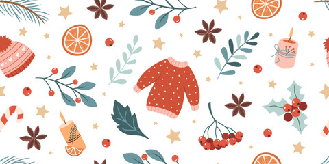 Poster - Christmas winter pattern with warm clothes, plants and candles