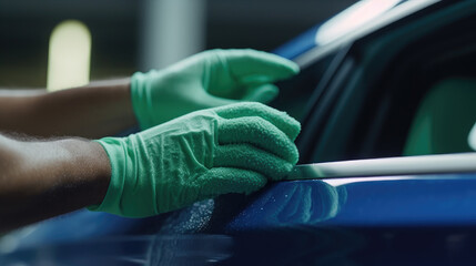 Wall Mural - Close-up shot of a worker's hands gripping a car wash sponge as they meticulously clean a vehicle