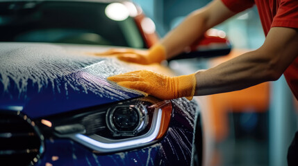 Wall Mural - Close-up shot of a worker's hands gripping a car wash sponge as they meticulously clean a vehicle