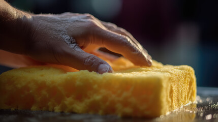 Canvas Print - Close-up shot of a worker's hands gripping a car wash sponge as they meticulously clean a vehicle