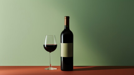 Wall Mural - Red wine bottle with a glass on a simple green empty background