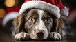 Dog with sad eyes wearing Santa hat - Christmas - worm’s eye view - extreme close-up - dramatic - begging - festive - holiday - vacation 