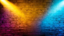 Lighting Effect Yellow , Orange And Blue Neon Background, Wallpaper, Neon Light On Brick Walls That Are Not Plastered Background And Texture, Brick Wall Background