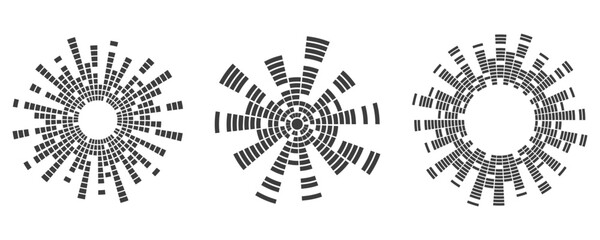 Wall Mural - Circle sound wave. Audio music equalizer. Round circular icons set. Spectrum radial pattern and frequency frame. Vector design