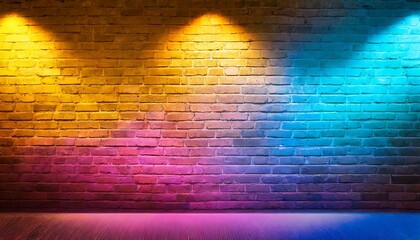 Wall Mural - Lighting effect yellow , orange and blue neon background, wallpaper, Neon light on brick walls that are not plastered background and texture