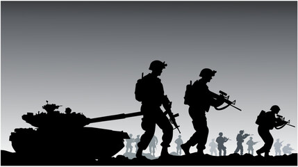 Wall Mural - Soldiers on the performance of the combat mission, silhouette of soldiers are fighting in the battlefield vector illustration
