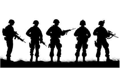 Wall Mural - Soldiers on the performance of the combat mission, silhouette of soldiers are fighting in the battlefield vector illustration