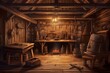 An aged smithy with crucibles and blacksmith tools inside a historic wooden structure. Illustration. Generative AI