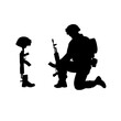 Army soldier in sorrow for fallen comrade, Silhouette of Soldier Kneeling at Military War Memorial of Fallen Soldier with Helmet Gun and Rifle