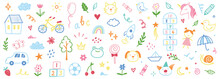 Children School, Kindergarten Vector Doodle Set. Cute Daycare Hand Drawn Flower, Toy, Animal Elements. Childish Cute Preschool Activity, Education Doodle Background. Vector Illustration.
