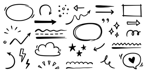Aufkleber - Line arrow, underline, round frame hand drawn vector element set. Hand drawn doodle scribble text highlight, underline, arrow pen stroke style. Doodle grunge rough element. Vector illustration.